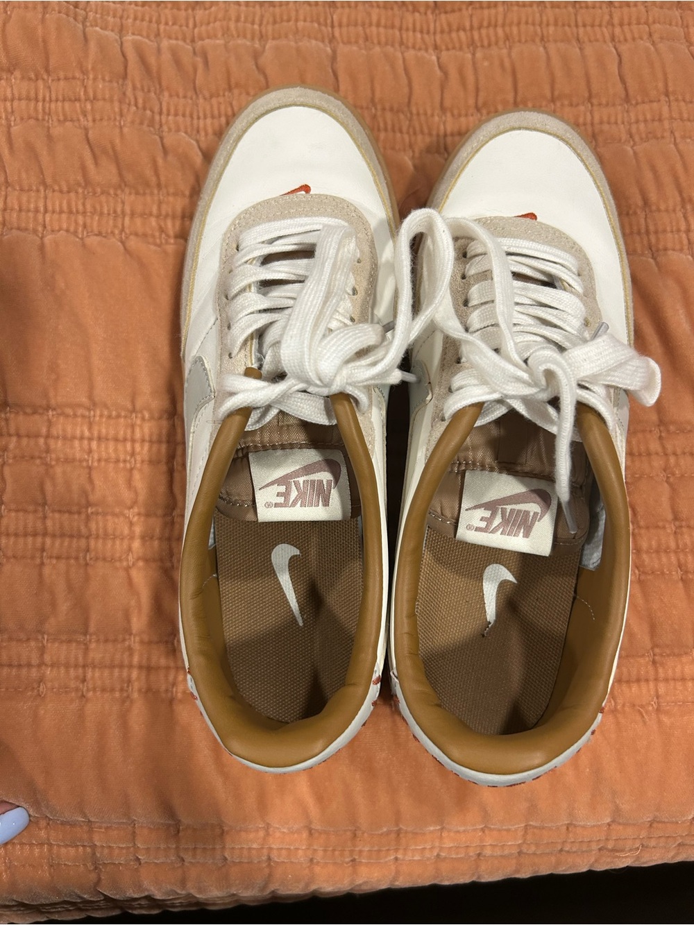 Nike Women’s White and Tan Low-Top Sneakers with Orange Accents